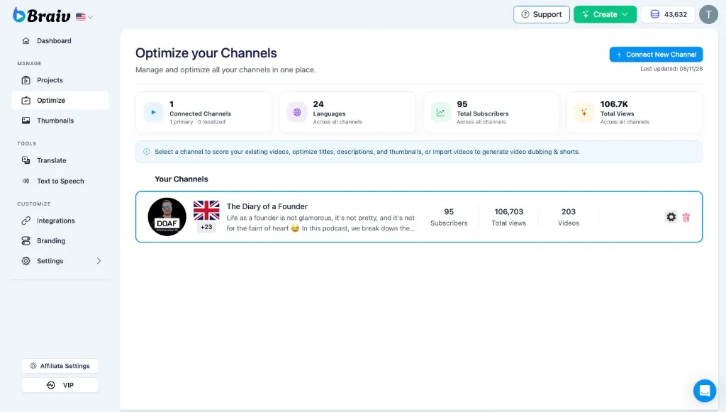Braiv Optimize — connect multiple YouTube channels and improve titles, descriptions, and thumbnails for existing videos.