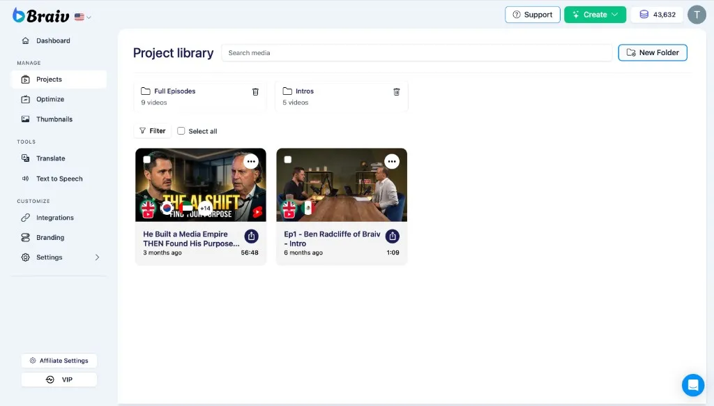 Braiv Project library — folders, search, and video projects in the main workspace.